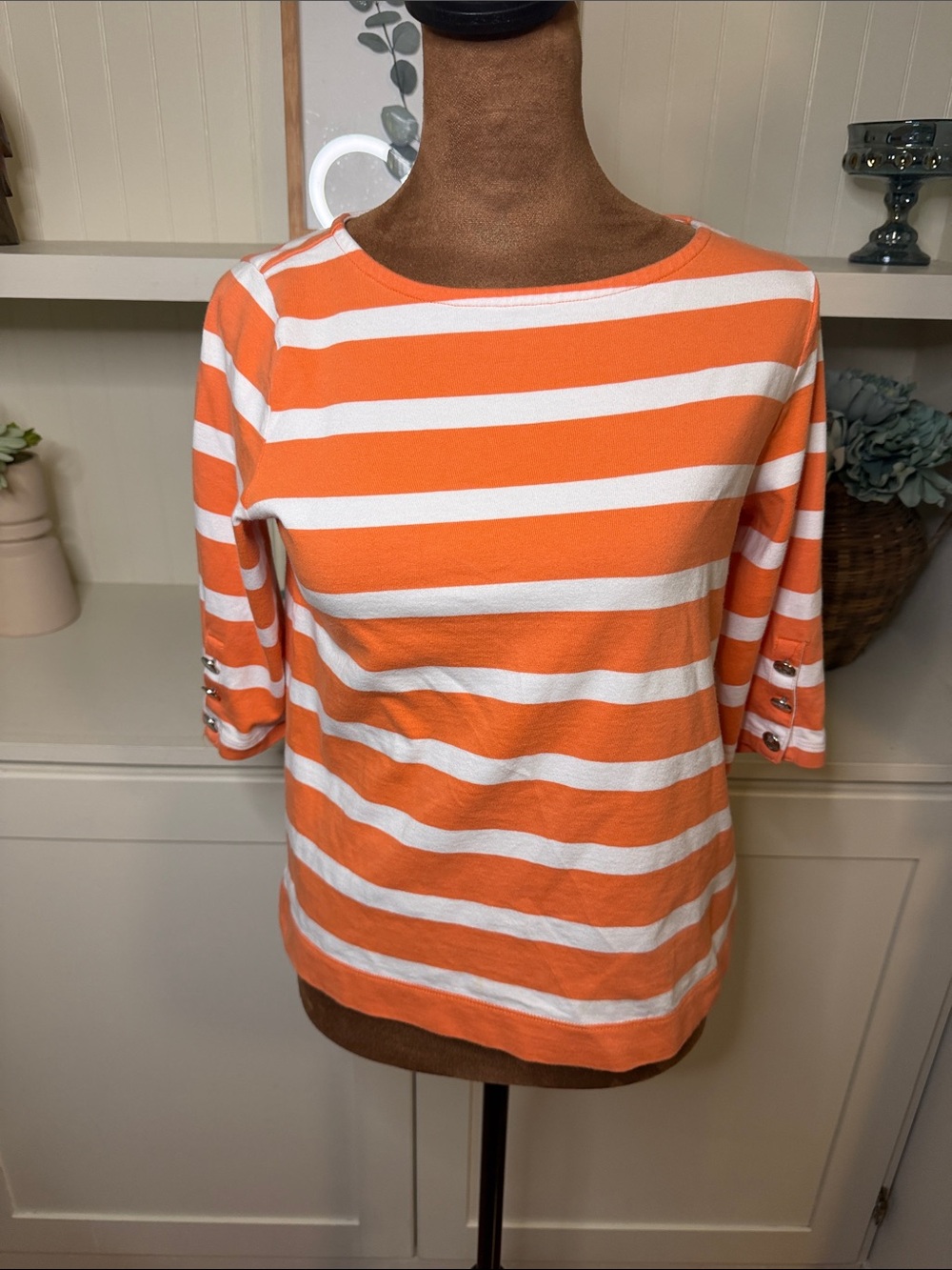 Lauren Ralph Lauren Coral & White Striped Boatneck Top
